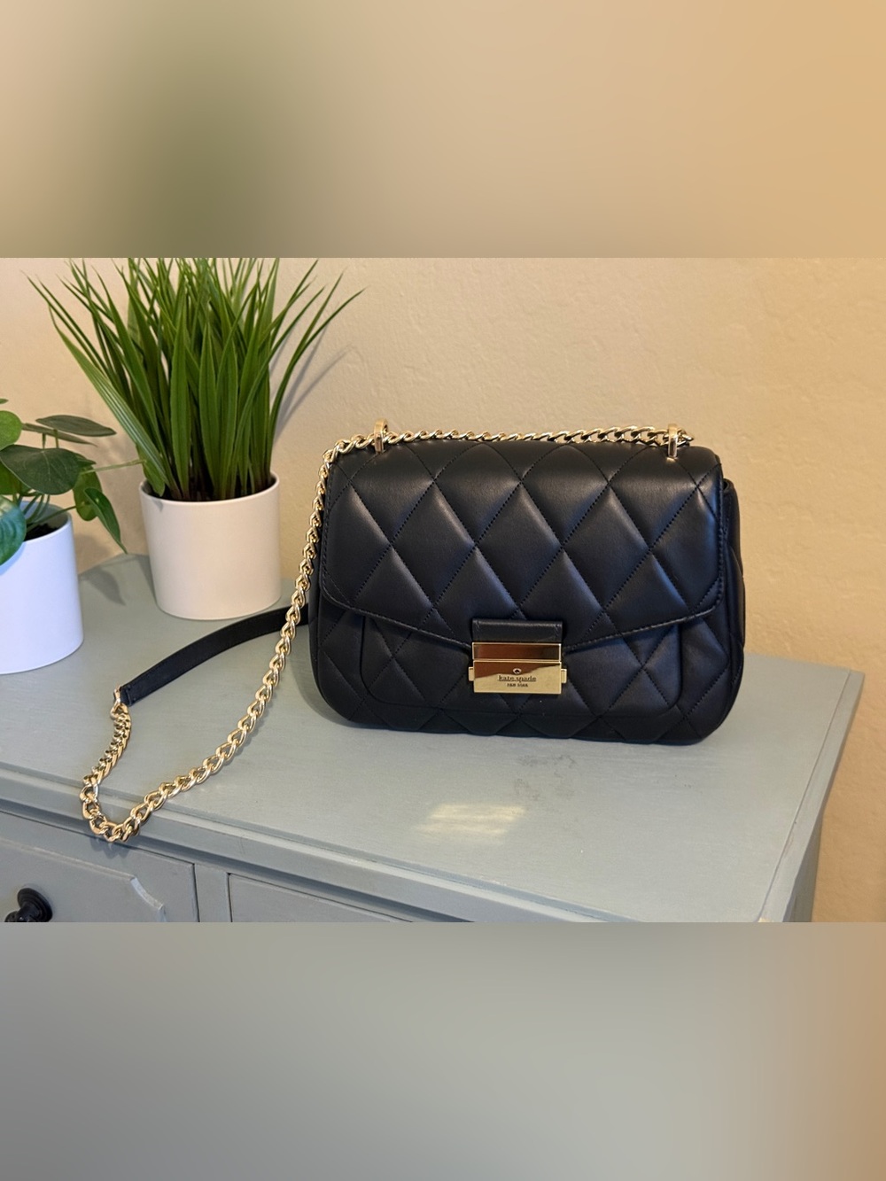 kate spade Quilted Black shoulder bag with Gold Chain